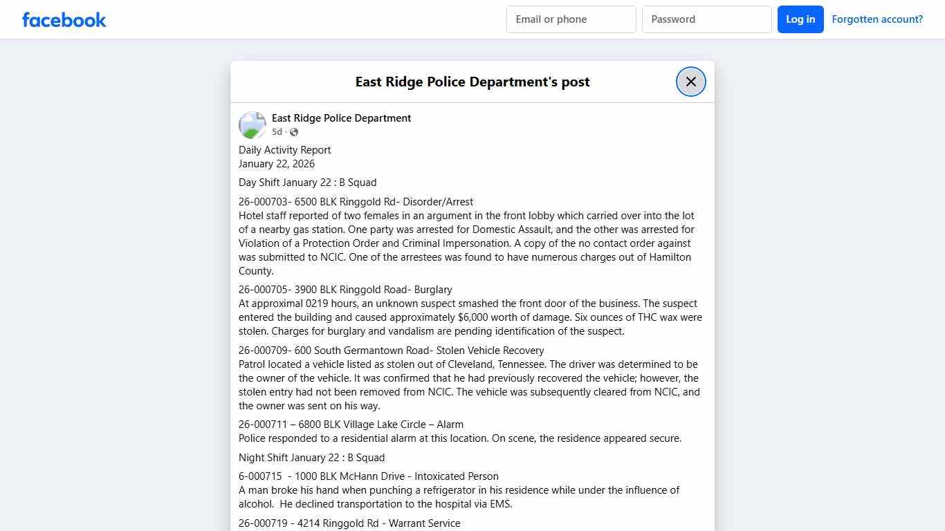 Daily Activity Report... - East Ridge Police Department Facebook